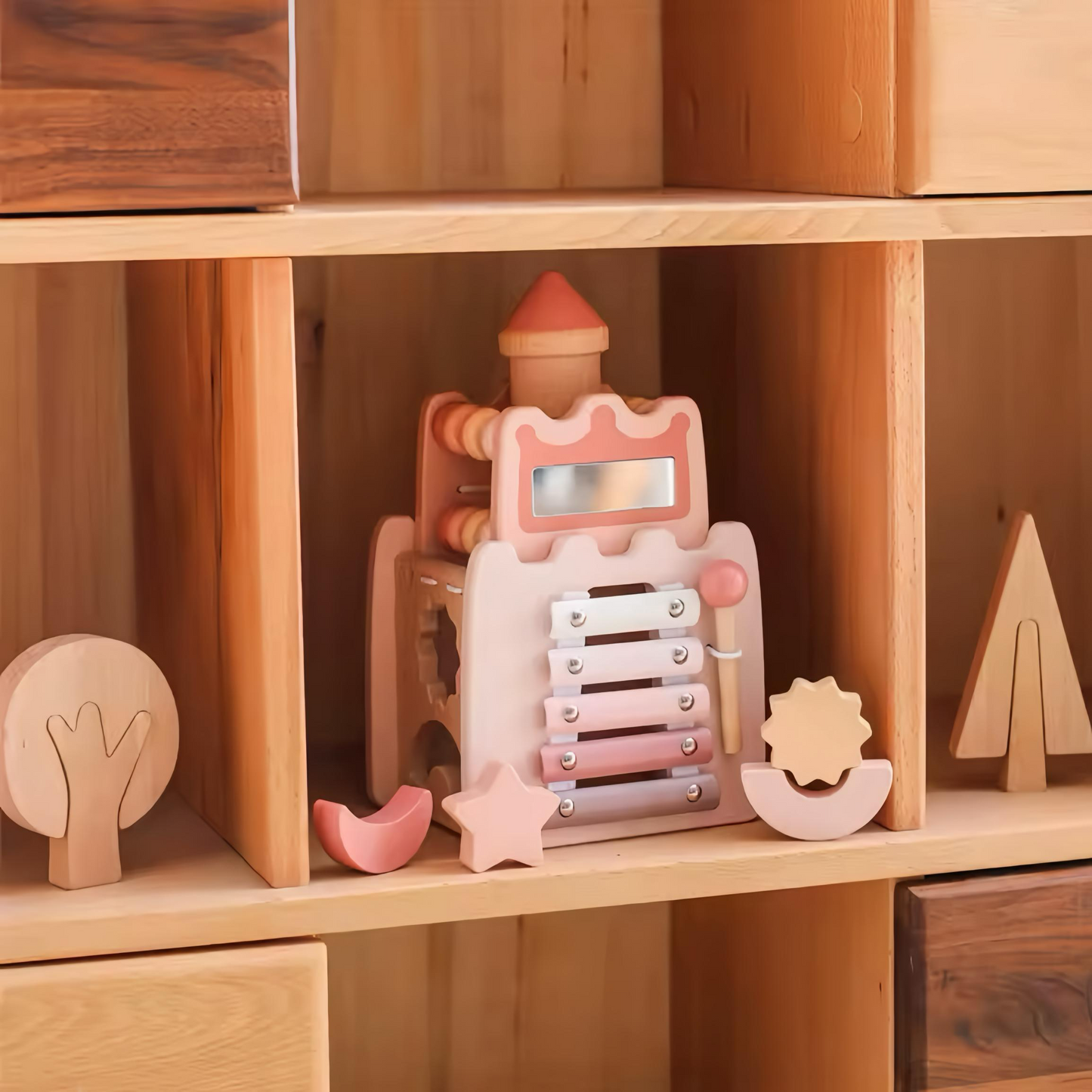 Montessori rózsaszín fa kastély – fejlesztő építőjáték babáknak
